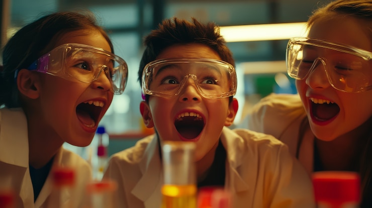 Three excited children in lab coats and safety goggles in a science lab.