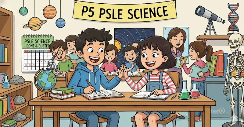 Two children high-five in a classroom decorated for PSLE Science studies.